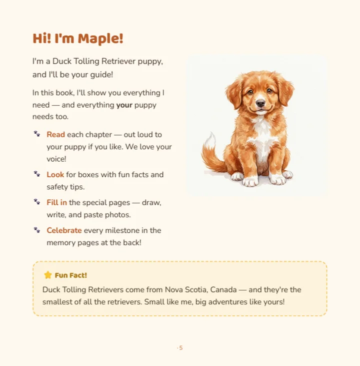 Hi, I'm Maple — introduction page with watercolor puppy