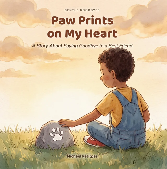 Paw Prints on My Heart cover — a child and an old dog in soft watercolour