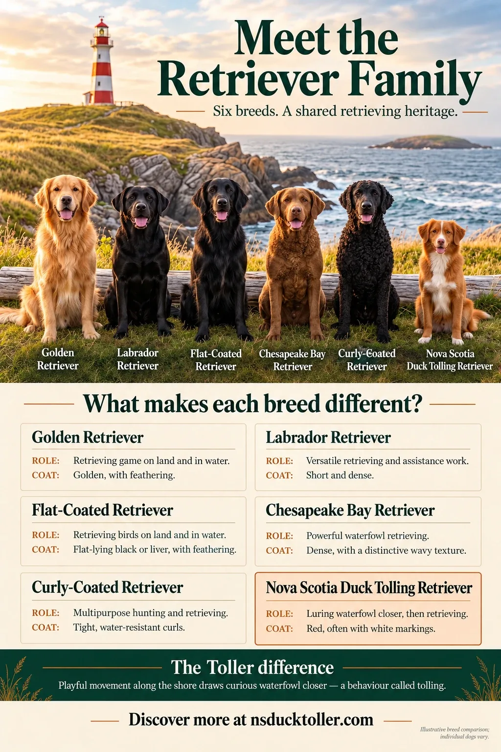 Illustrated comparison of the six retriever breeds on a Nova Scotia shoreline: Golden Retriever, Labrador Retriever, Flat-Coated Retriever, Chesapeake Bay Retriever, Curly-Coated Retriever and Nova Scotia Duck Tolling Retriever, each with its working role and coat type
