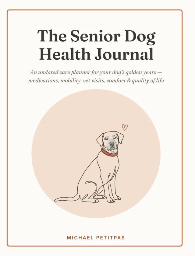 The Senior Dog Health Journal cover — minimal line-art illustration of a senior dog