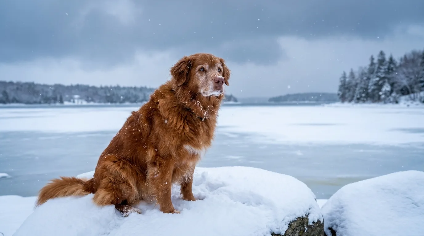 A senior Nova Scotia Duck Tolling Retriever with a frost-white muzzle sits on a snowy rock above a frozen bay, snow falling softly