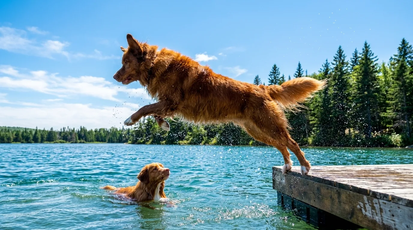 A Nova Scotia Duck Tolling Retriever caught mid-air leaping off a wooden dock into a bright summer lake while a second Toller swims below