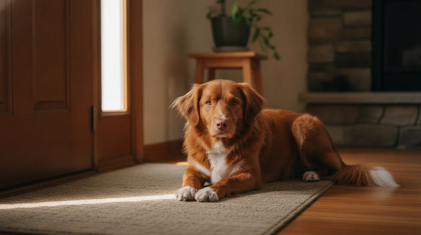 A Nova Scotia Duck Tolling Retriever lies calmly on a woven mat beside a wooden front door, morning light falling across the floor