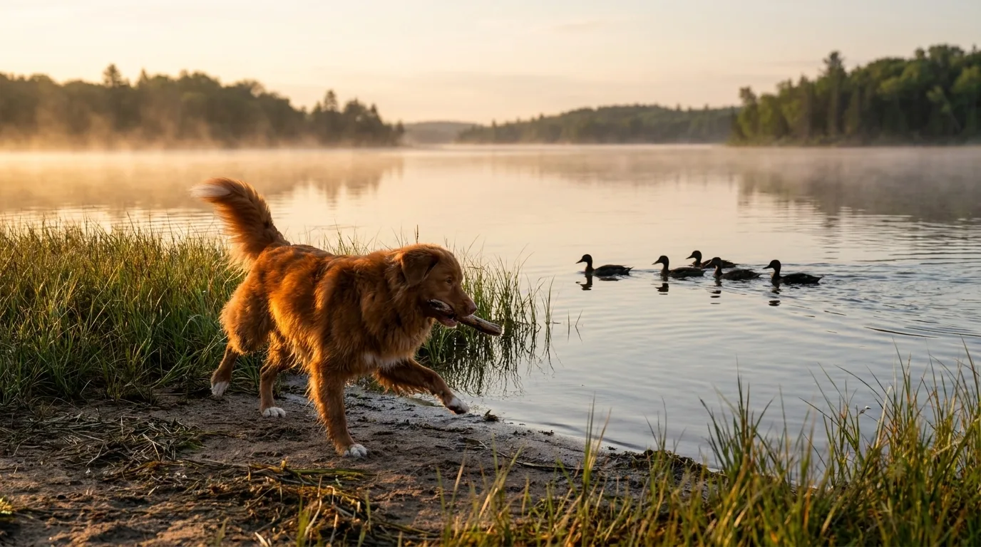 A Nova Scotia Duck Tolling Retriever bounds along a misty dawn shoreline with a stick of driftwood while a line of curious ducks drifts closer to watch