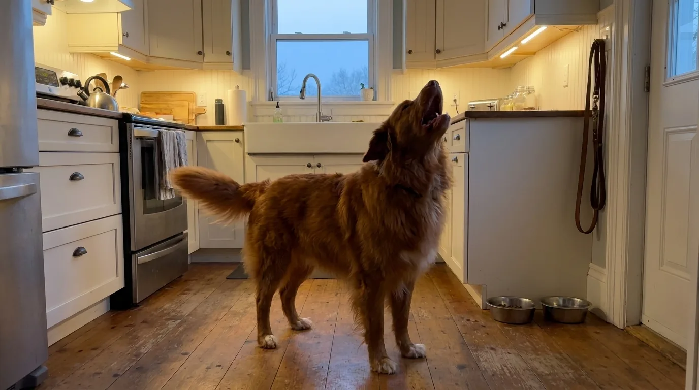 A young Nova Scotia Duck Tolling Retriever stands in a farmhouse kitchen in dim dawn light, head thrown back mid-scream, tail mid-wag