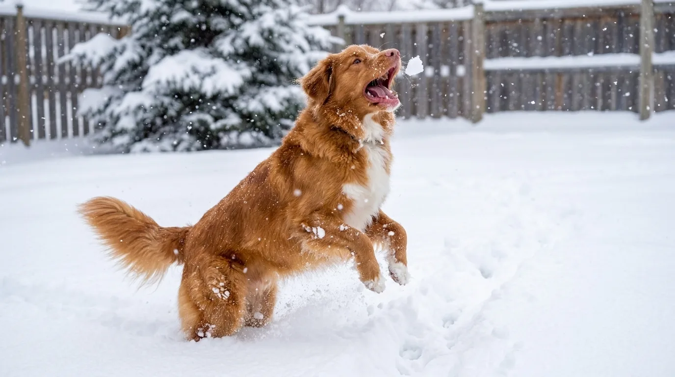A Nova Scotia Duck Tolling Retriever leaps through fresh backyard snow, mouth open to catch a falling snowflake, snow spraying from her paws