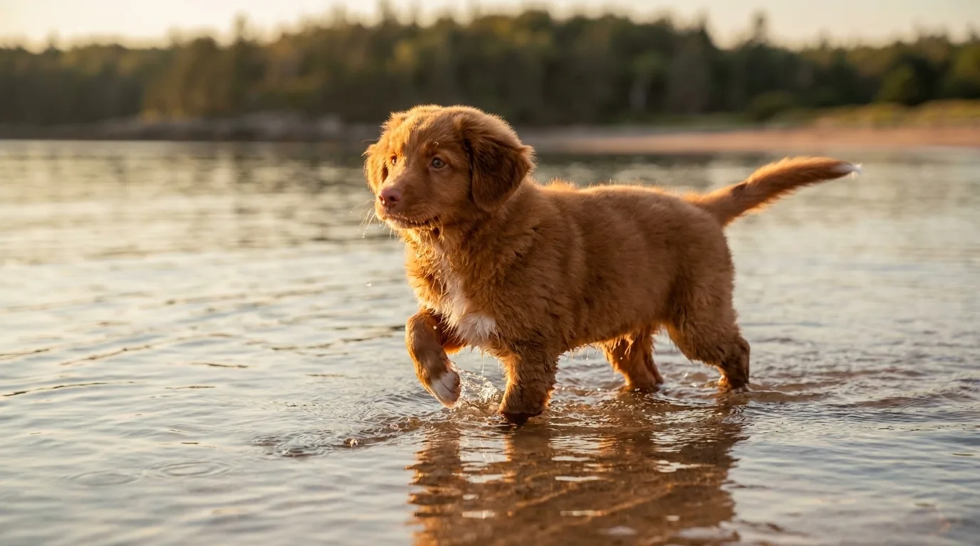 A Nova Scotia Duck Tolling Retriever puppy wading through shallow golden-hour water at a calm Nova Scotia cove