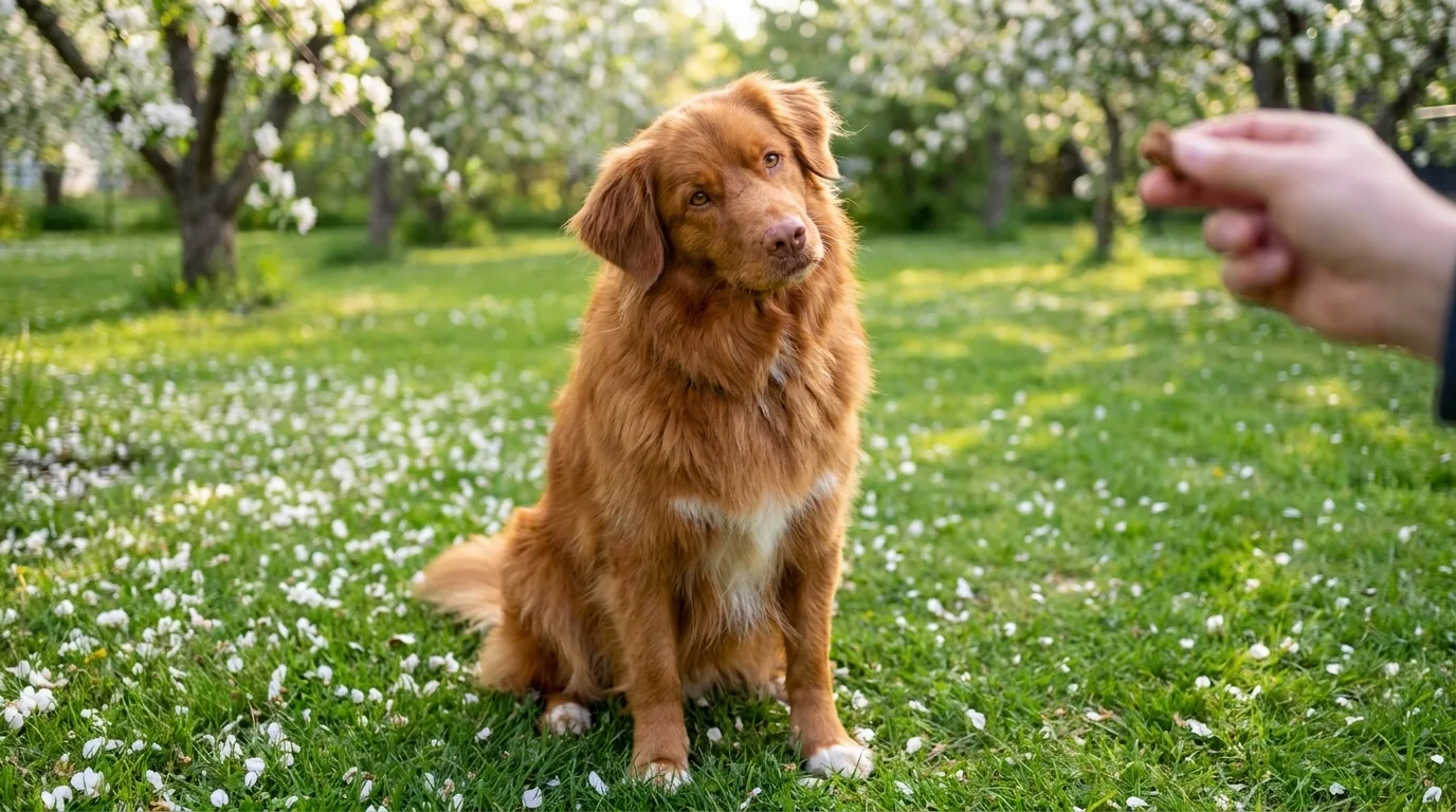 A Nova Scotia Duck Tolling Retriever sits in a blossoming spring orchard, head tilted, giving a skeptical stare at a training treat held out in a hand