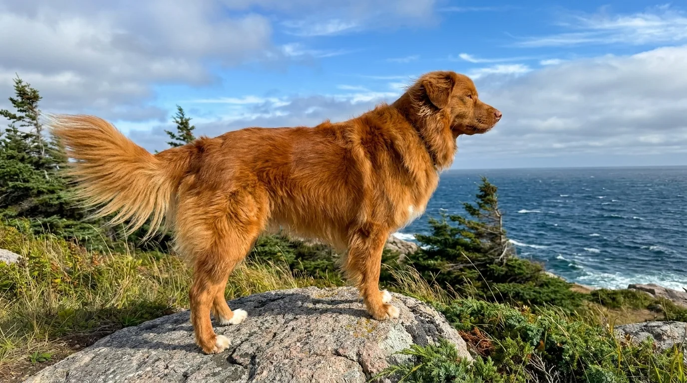 A Nova Scotia Duck Tolling Retriever stands in proud profile on a windswept granite headland above the Atlantic, gazing out to sea