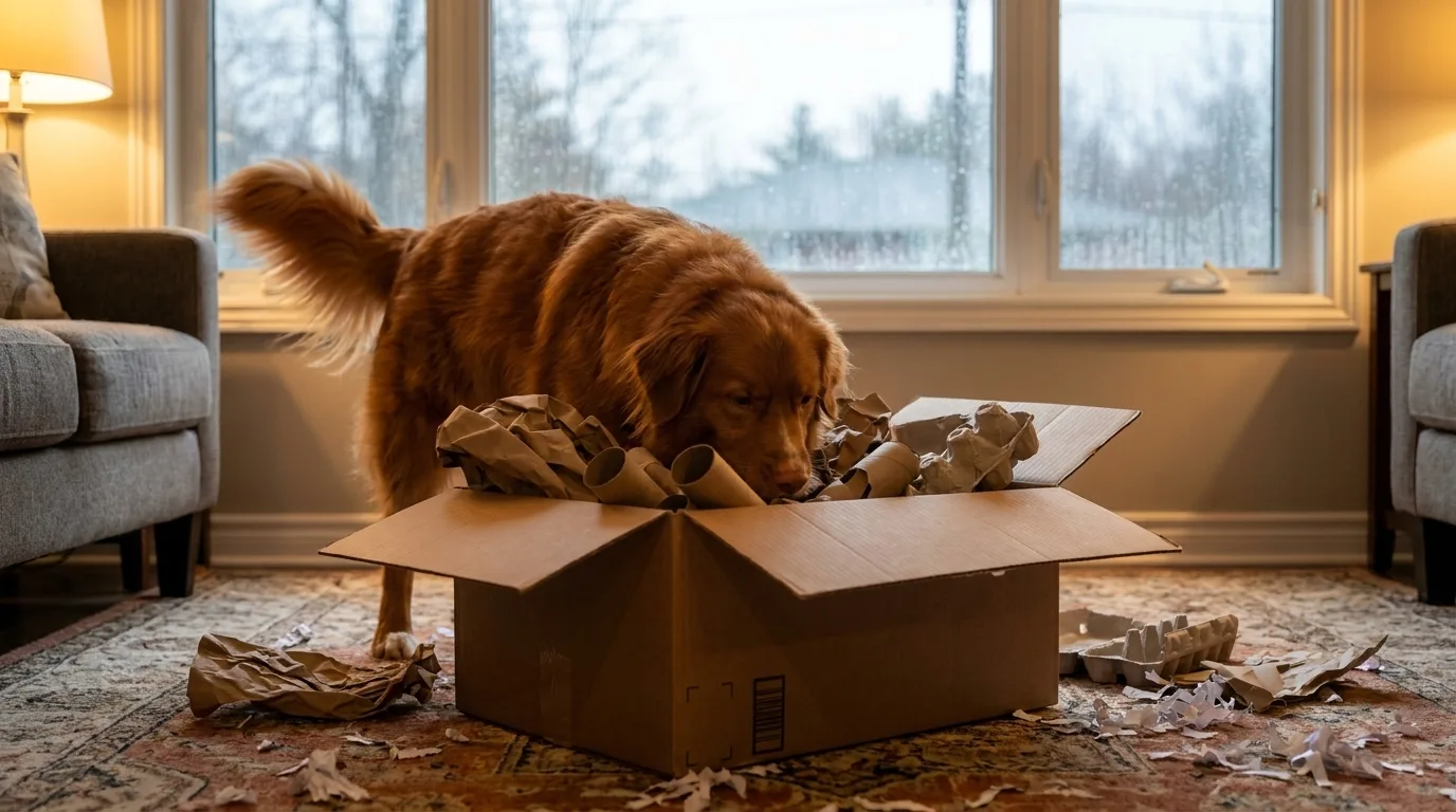 A Nova Scotia Duck Tolling Retriever buried nose-deep in a cardboard box of shredded paper, rain streaming down the window behind her
