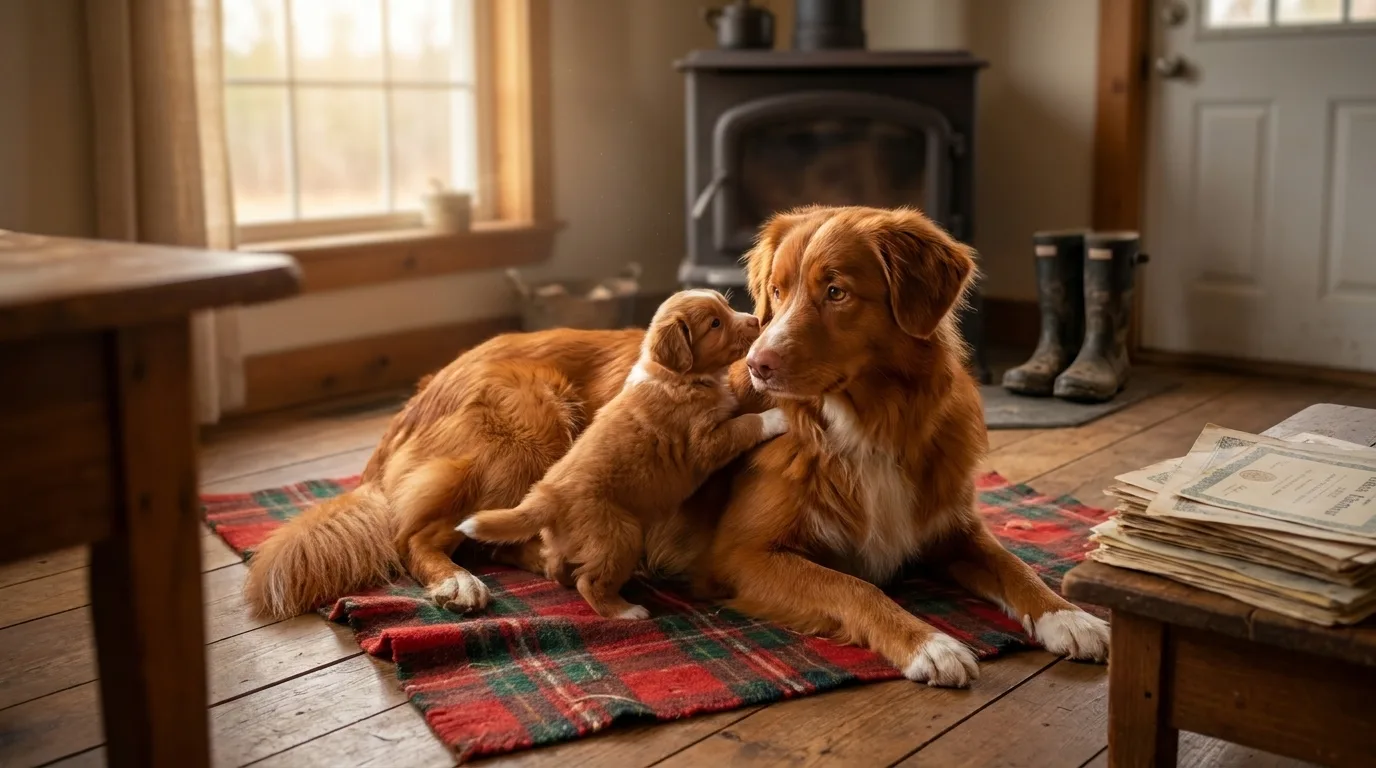 A Toller mother lies on a plaid blanket in a warm farmhouse kitchen while her puppy climbs against her shoulder to touch noses, health certificates stacked on the table beside them