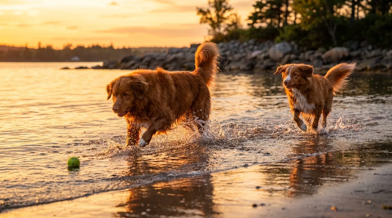 Two Nova Scotia Duck Tolling Retrievers charge through golden shallows after a tennis ball at sunset on a Nova Scotia shoreline