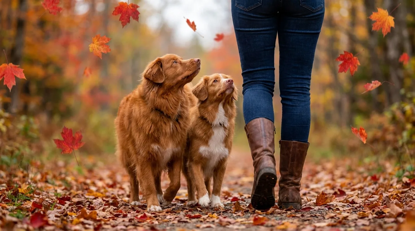Two Nova Scotia Duck Tolling Retrievers walk close at their owner's heels along a maple-leaf-covered autumn path, both looking up devotedly