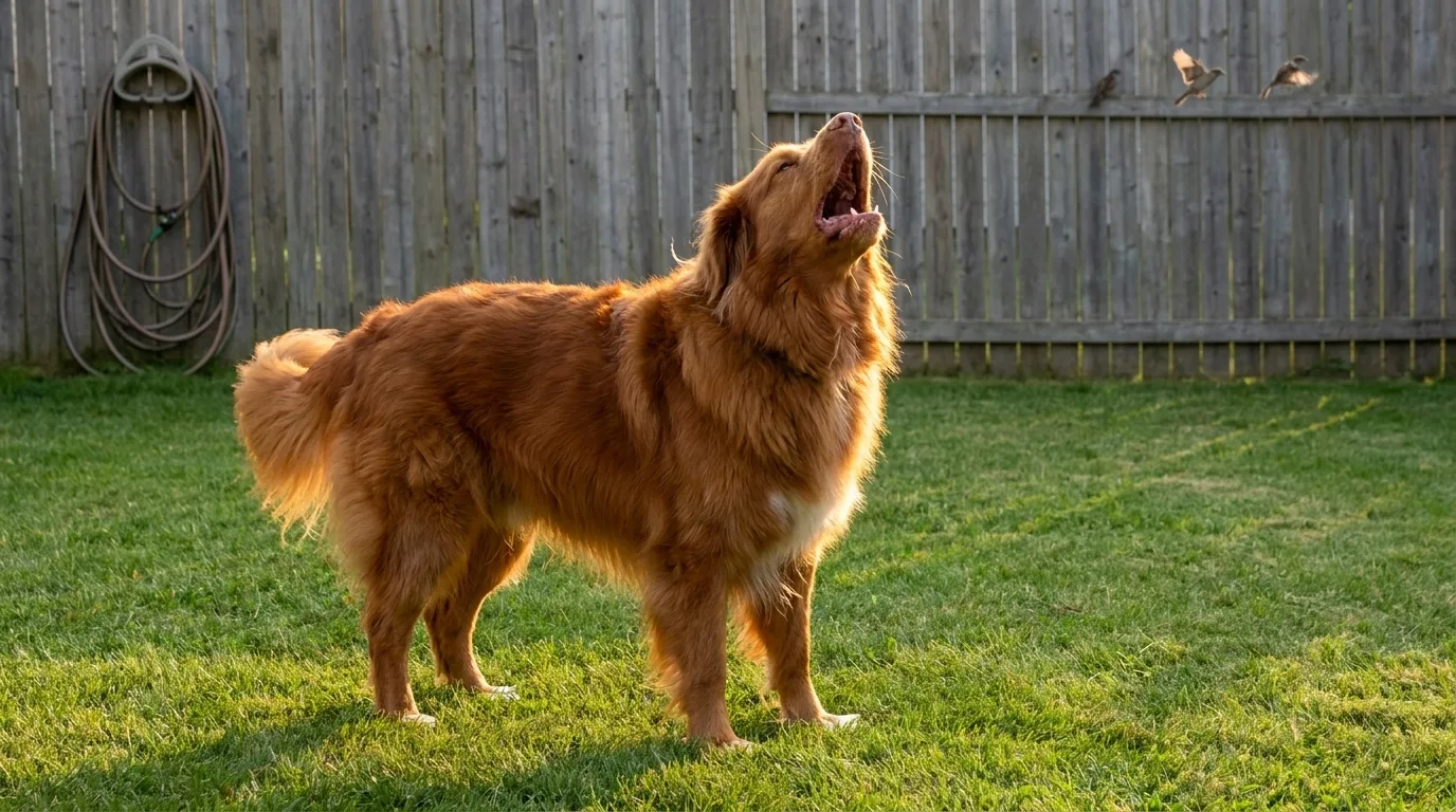 A Nova Scotia Duck Tolling Retriever stands in a golden evening backyard mid-scream, head thrown back and mouth wide, as sparrows flee the fence line