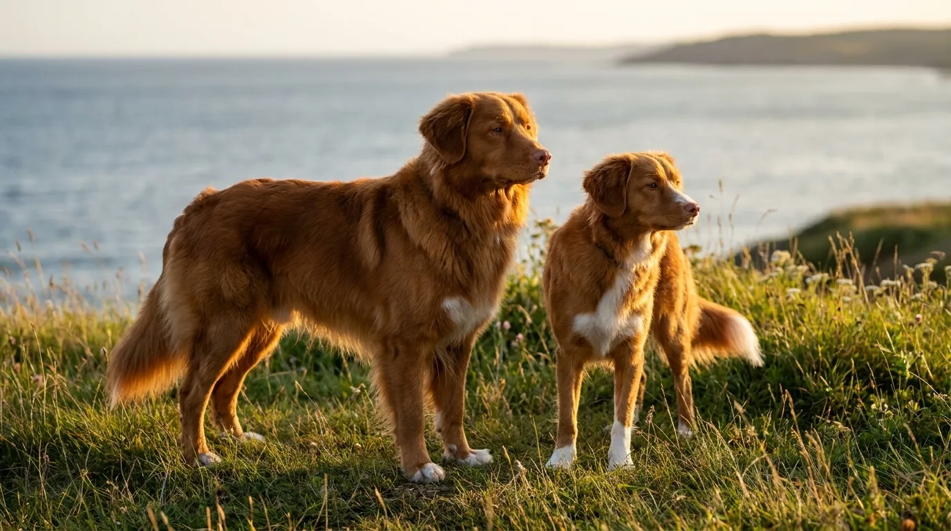 Two Nova Scotia Duck Tolling Retrievers standing together on a grassy headland at golden hour, the larger male and the smaller female