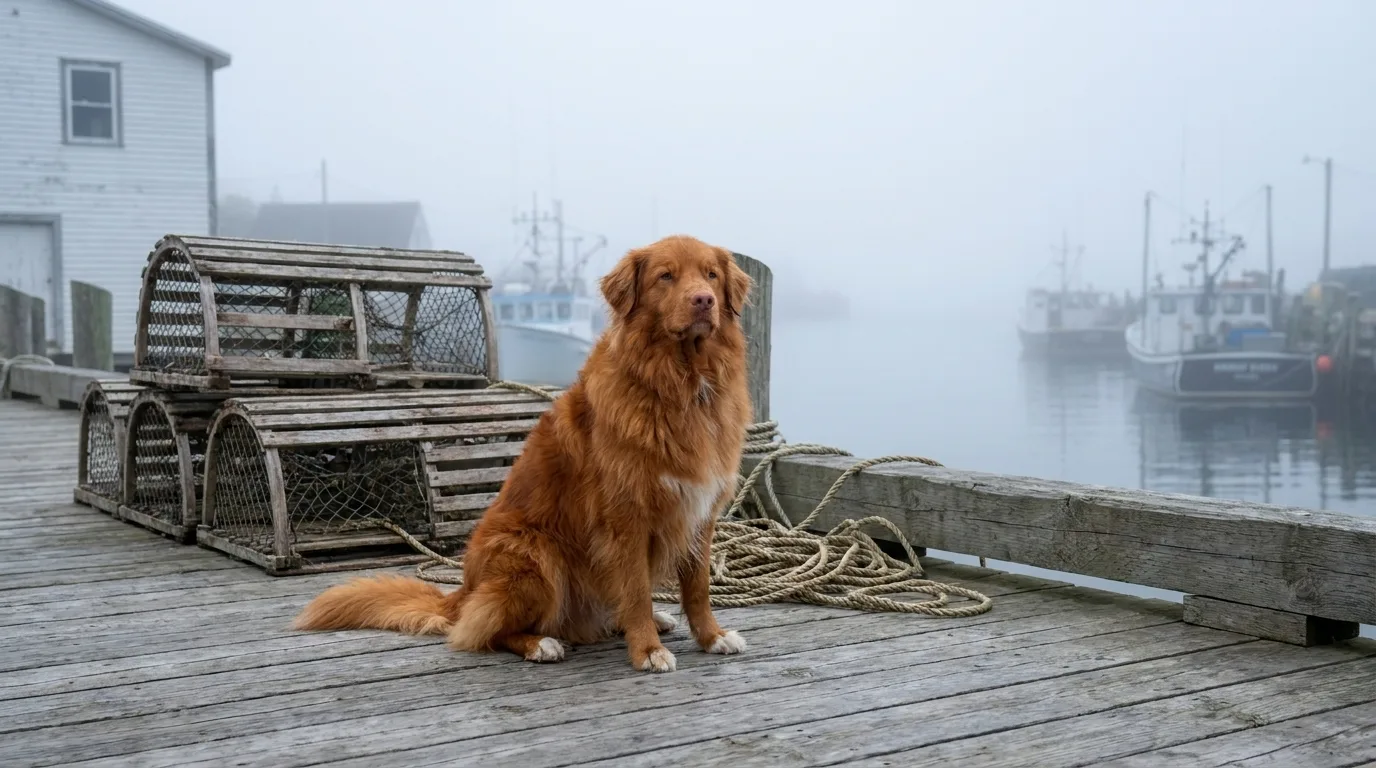 A Nova Scotia Duck Tolling Retriever sits on a weathered wharf beside wooden lobster traps, fishing boats fading into the harbour fog behind