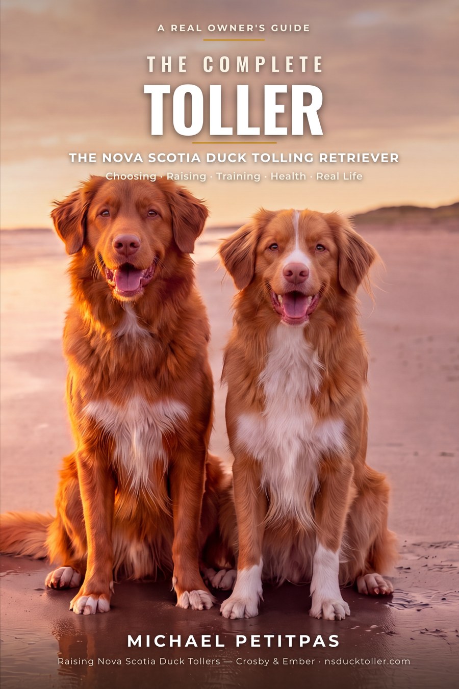The Complete Toller cover — Crosby and Ember, two Nova Scotia Duck Tolling Retrievers, smiling on a golden-hour beach