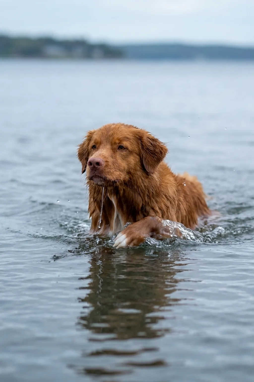 A Nova Scotia Duck Tolling Retriever swimming through open coastal water, head and chest above the surface