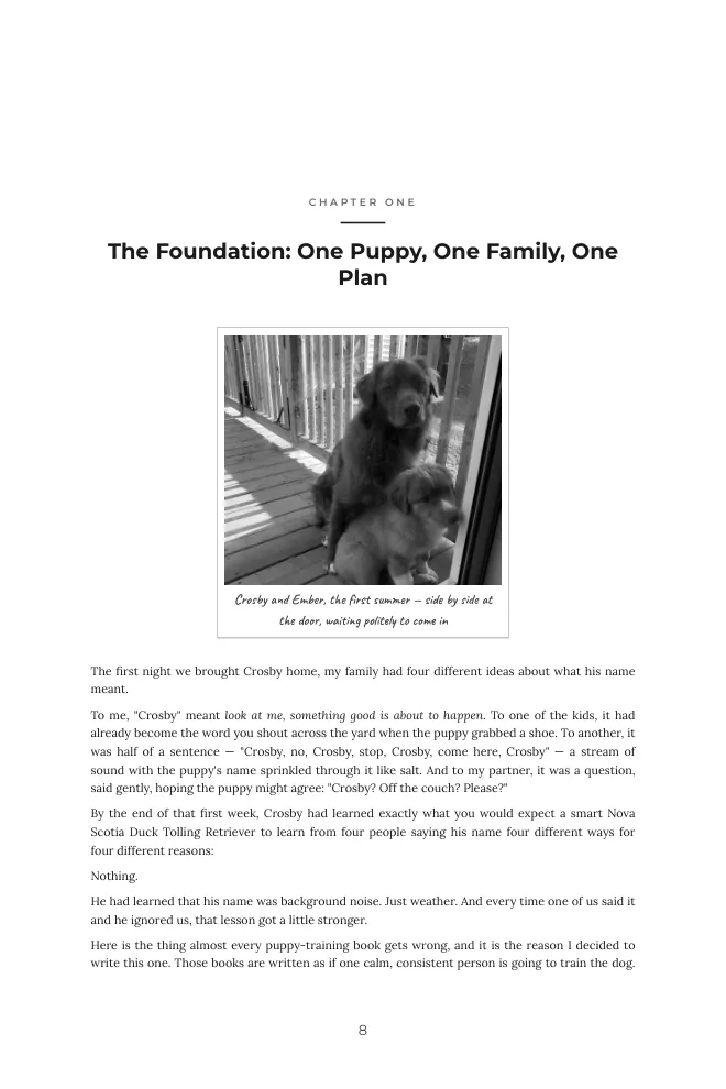Chapter One opening page with photo of Crosby and Ember as puppies