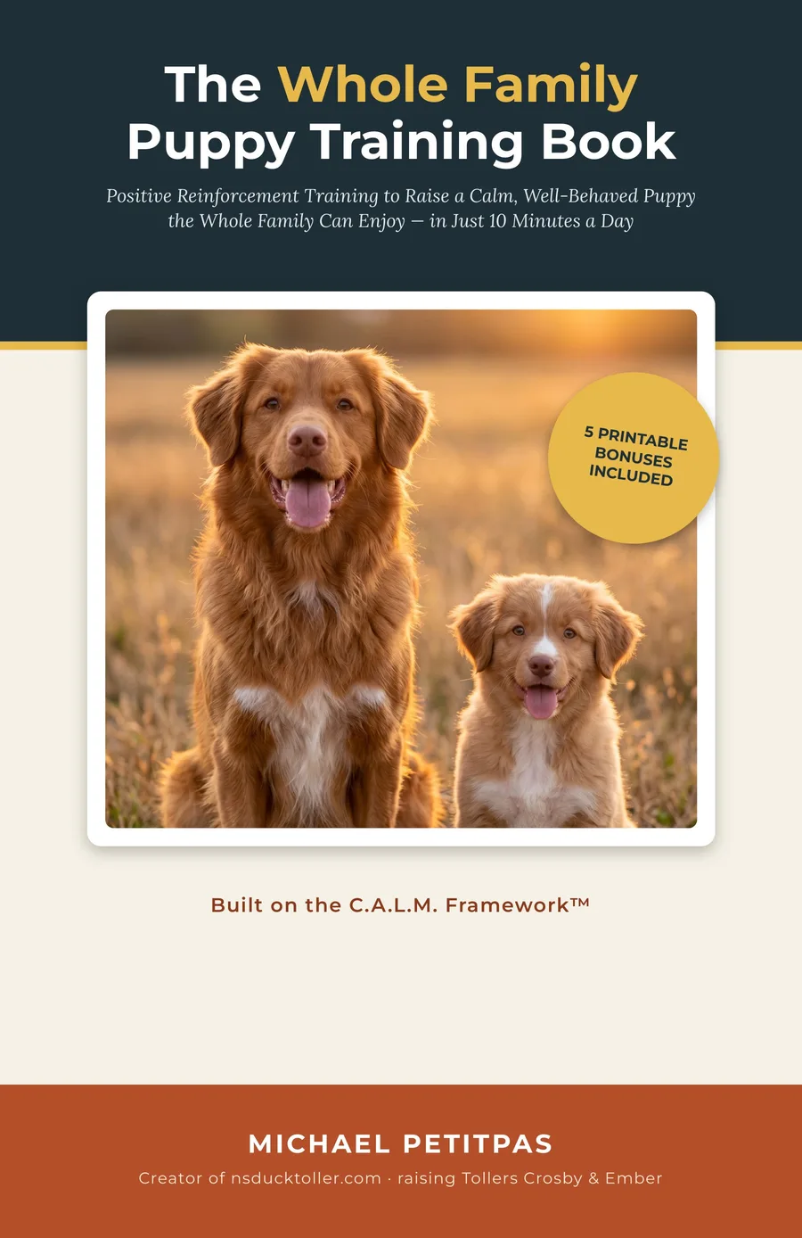 The Whole Family Puppy Training Book cover — two Duck Tolling Retrievers sitting in a golden field at sunset